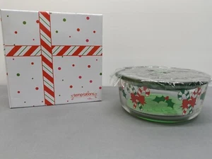 Temp-tations Christmas Candy Cane & Holly Glass Storage Bowl W/Suction Lid - NEW - Picture 1 of 8