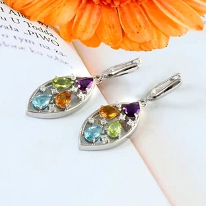 Citrine Amethyst Peridot Blue Topaz Multi Stone Colorful Silver Leaf Earrings - Picture 1 of 8