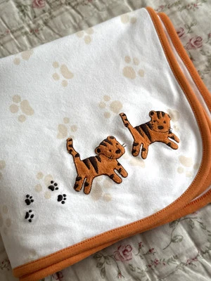 Gymboree Tiger Baby Blanket White Orange Paw Prints Jungle Safari 100% Cotton! - Image 1 of 4