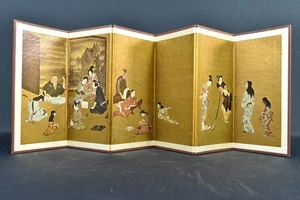 Vintage Hikone Byobu Mini Schermo Pieghevole Replica Giappone 19"x7" Tesoro Nazionale - Foto 1 di 20