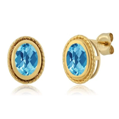 1.90 Ct  Swiss Blue Topaz 18K Yellow Gold Plated Silver Silver Stud Earrings - Image 1 of 2