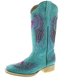 Stivali donna rodeo punta quadrata turchese fucsia cuore ali Bota Mujer taglia 5, 6 - Foto 1 di 5