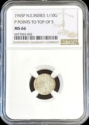 1945 SILVER NETHERLANDS EAST INDIES 1/10 GULDEN P POINTS TOP 5 NGC MINT STATE 66 - Image 1 of 2