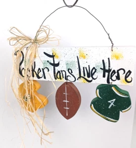 Green Bay Packers Fans Live Here Wooden Hand Painted Football Hanging Sign Decor - Picture 1 of 6