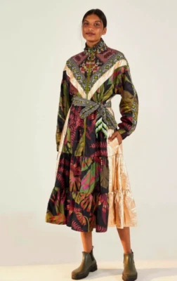 Farm Rio Tropical Forest Dress Womens XS Zipper Tassels Tiered Midi Metallic - Image 1 of 4