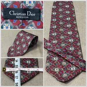 Corbata vintage Dior Monsieur diamante rojo cadena eslabón geométrico 58” x 4” clásica ancha - Imagen 1 de 7