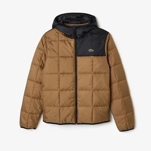 size 60 XL /2XL Lacoste Puffer Jacket Black Brown Padded Quilted Hooded - Picture 1 of 8