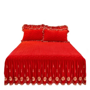Quilted Velvet Bedspread Set Queen Embroidered Flower Thicken Ruffle Bed Skirt - Picture 1 of 128