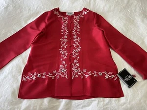 Bob Mackie Red~ 100% Silk Embroidered Mandarin Style Shirt Tunic~ Size 10 - Picture 1 of 9