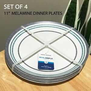 SET OF 4 REAL SIMPLE 11" Melamine Dinner Plates White w Gray Turq Blue Circles