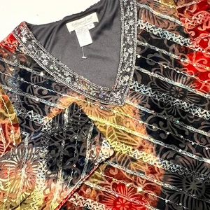Coldwater Creek Samt Burnout Pailletten Top Mehrfarbig Gr. M Festival Bluse Boho - Bild 1 von 8
