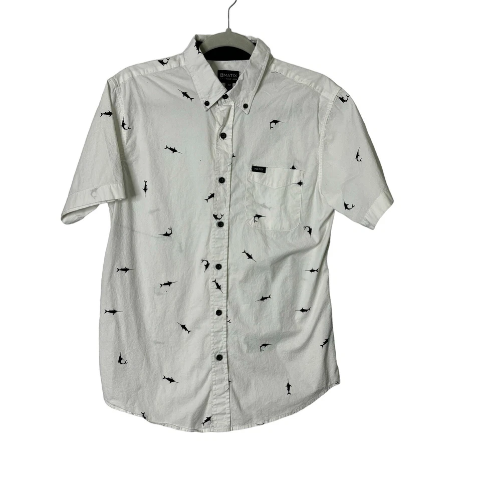 Matix Shirt Mens Size Medium White Shark Print Button Up Short Sleeve Cotton - Image 1 of 4