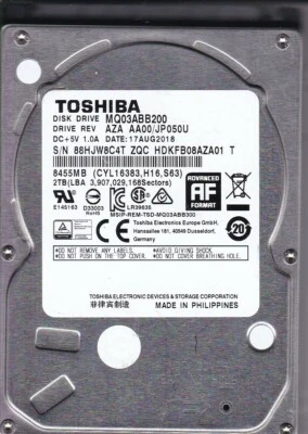 Toshiba MQ03ABB200 pn: HDKFB02AZA01 T AUG/ 2018 PCB: G3918A 2TB 2.5" SATA C15-10 - Image 1 of 2