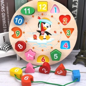 Wooden Shape Color Sorting Clock Teaching Time Number Blocks Clock Shape tovUC❃ - Picture 1 of 10