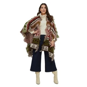 Poncho MAT FASHION maglia beige verde marrone 46 48 50 52 stile Ikat - Foto 1 di 3
