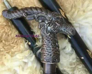 Vintage Walking Stick Dragon Head Cane Handle Black Wooden Cane Antique Style - Picture 1 of 5