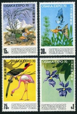 Singapur 112-115,115a,MNH.Michel 112-115,Bl.2. Concha, pez, flamenco, orquídea. 1970. Foto 1 de 2