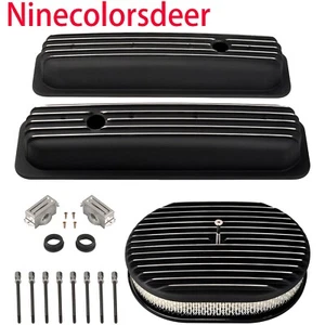 For 87-97 SBC Chevy 350 Finned Short Valve Covers &12"Oval Air Cleaner Black - Bild 1 von 8