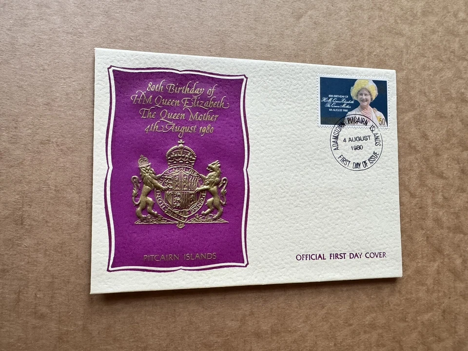 Pitcairn Islands 1978 FDC (55) Queen Mother Birthday #193+Purple Embossed Cachet - Image 1 of 1