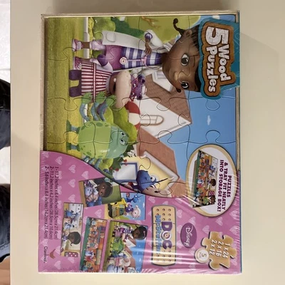 Новые нераспакованные деревянные пазлы Disney Doc McStuffins 5 с коробкой для хранения - Изображение 1 из 4