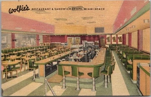 Postal vintage de lino de Miami Beach, Florida WOLFIE'S RESTAURANTE & tiendas de sándwiches - Imagen 1 de 2