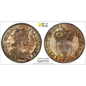 1644 A Frankreich 1/12 Ecu. PCGS MS 62, KM-140.1, Punkt über Krone auf Rückseite - Bild 1 von 5