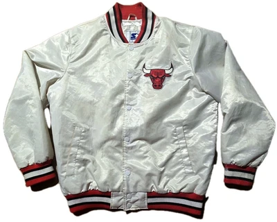 Винтажный стартер атласная куртка Chicago Bulls РЕДКАЯ белый мужской XL Bomber Snap читать заметки - Изображение 1 из 4