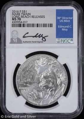 2016-P $1 Mark Twain Commem Silver Dollar NGC MS 70 | Moy Signed Long Beach - Image 1 of 4