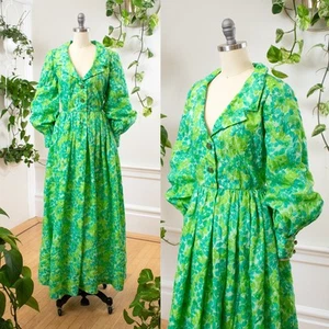 Vintage 1960s Maxi Dress 60s Green Floral Long Sleeve Shirtwaist Hostess Gown - Picture 1 of 10