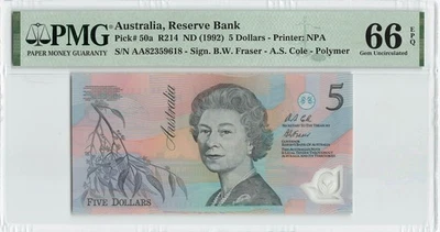 AUSTRALIA 5 Dollars 1992, P-50a, QEII Polymer, Cole / Fraser, PMG 66 EPQ Gem UNC - Image 1 of 2