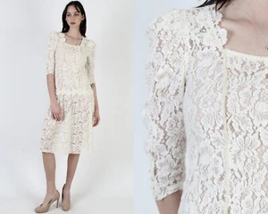 Vintage 80s Art Deco Bridal Dress Garden Day Party Drop Waist Floral Lace Mini - Picture 1 of 6