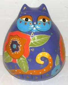 Laurel Burch Flores Floración Felino Colorido Cerámica Grasa Gato Banco Púrpura - Imagen 1 de 6