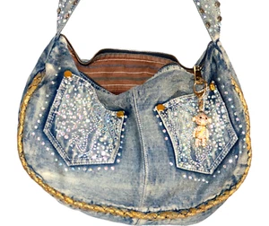 Vintage Swarovski Kristalle Denim individuelle Tasche 16" + Kristall Pave Affe Schlüsselanhänger - Bild 1 von 10