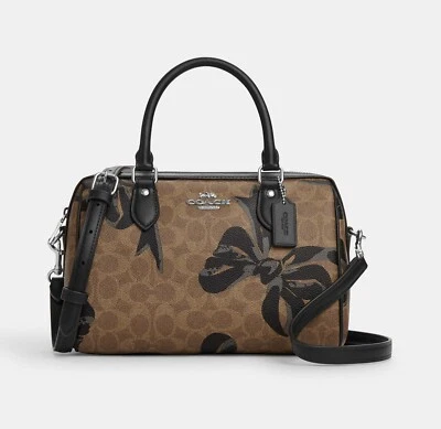 NWT Coach CY650 Rowan Satchel Bag In Signature Canvas With Bow Print Tan Black - Image 1 of 4