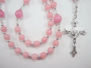 Damen rosa Rosenkranz katholisch 17" Rouge rosa Jade Edelstein Las Mujeres Rosario - Bild 1 von 12