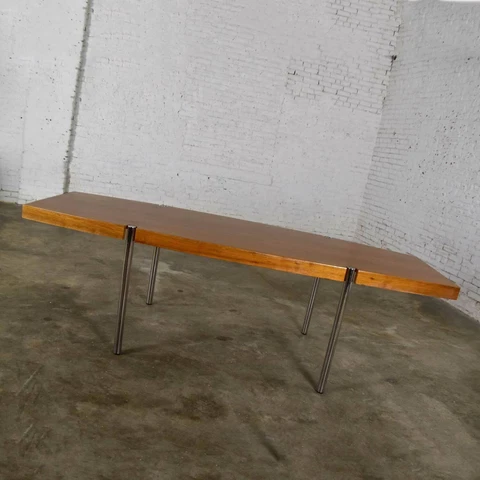Modern Walnut & Chrome Boat Shape Dining Conference Table by Jens Risom for Howe Cover