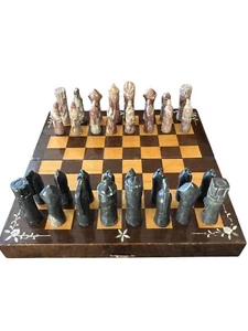 16 In Rosewood / Pearl Inlay Board Handmade Marble Aztec Complete Chess Game Set - Picture 1 of 15