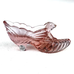 Vintage Fenton Art Glass Slipper Cranberry Rose Pink Glass Swirl Shoe Cat Face - Picture 1 of 10