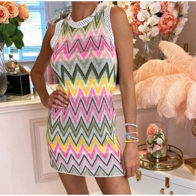 Mini Vestido Tejido Arco Iris Rayas Verano Informal Sin Mangas Colorido Conjunto de Cadera Foto 1 de 4