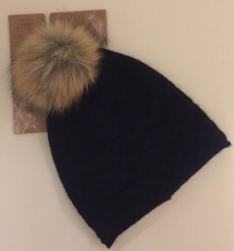 NUEVO CON ETIQUETAS MARCA PINO BLANCO 100% CACHEMIR NEGRO TEJIDO BRONCEADO IMITACIÓN PIEL SOMBRERO POM Foto 1 de 1
