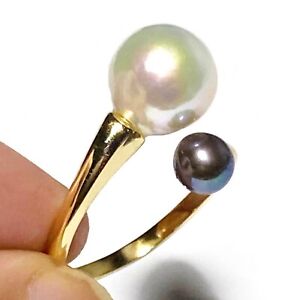 Edison / Akoya Sea White Black Blue Round Double Cultured Pearl Ring Size 5 - 6