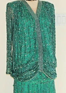 Vintage Judith Ann Creations smaragdgrünes Paillettenkleid für Damen 2-teilig - klein - Bild 1 von 11