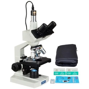 OMAX 40X-2000X Microscopio LED composto da laboratorio + 1,3 megapixel fotocamera + diapositive + carta per obiettivi + custodia - Foto 1 di 10