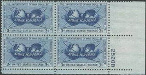 Plate Block of 4 stamps - Scott 1070 - 3 cent - Atoms for Peace - 1955 - MNH - Picture 1 of 1
