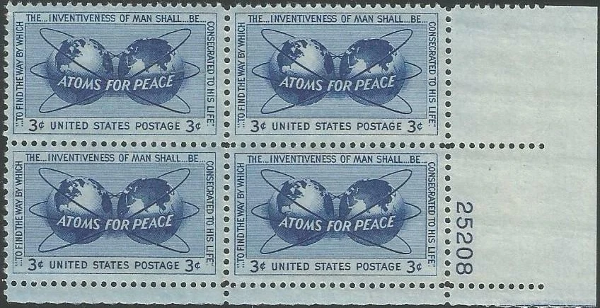 Plate Block of 4 stamps - Scott 1070 - 3 cent - Atoms for Peace - 1955 - MNH - Image 1 of 1