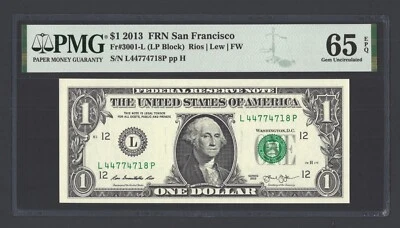 United States-Federal Reserve 1 Dollar 2013 Fr#3001-L (LP Block) UNC Grade 65 - Image 1 of 2