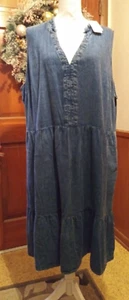 Cato Size 3X (22/24) Blue Denim Dress Sleeveless with Fringe at neck 43" L - Picture 1 of 9