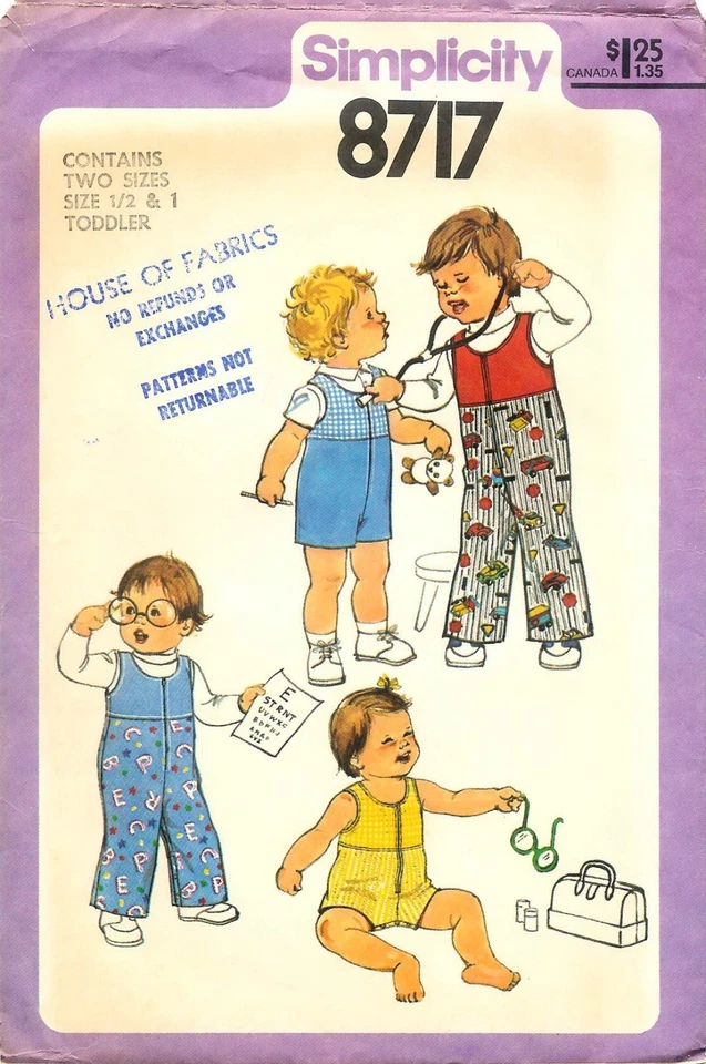 Simplicity # 8717 Sewing Pattern: Toddlers' Overalls In Two Lengths Size 1/2 & 1 - Image 1 of 2
