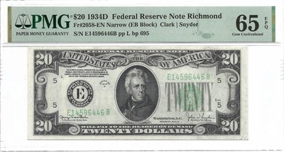 1934D $20 RICHMOND FRN. PMG GEM Uncirculated 65 EPQ Banknote. Scarce NARROW - Image 1 of 2