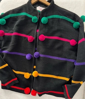 VINTAGE Doncaster Pom Pom Wool Blend Cardigan Sweater Colorful Boxy Crop LG - Image 1 of 4
